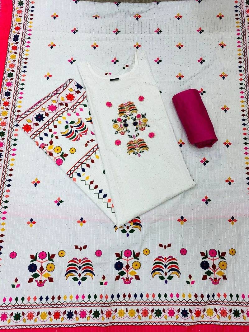 printed maslin kurta set with sequence work dupatta & rayon pant