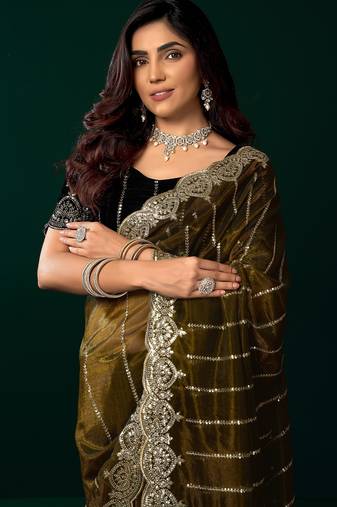 Olive  soft net sequence emboidery designer party wear festive saree with unstitched blouse piece