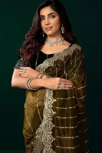 Olive  soft net sequence emboidery designer party wear festive saree with unstitched blouse piece