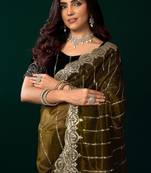 Olive  soft net sequence emboidery designer party wear festive saree with unstitched blouse piece