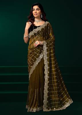 Olive net sequence emboidery festive saree with unstitched blouse piece 2