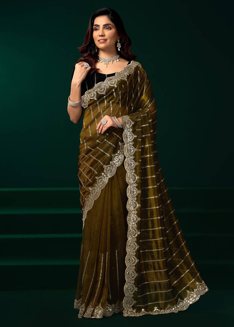 Olive  soft net sequence emboidery designer party wear festive saree with unstitched blouse piece