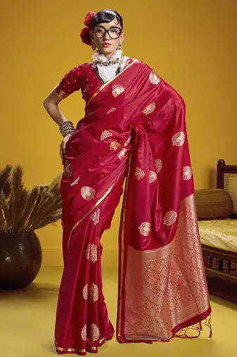 satin silk blend handloom weaving saree in red