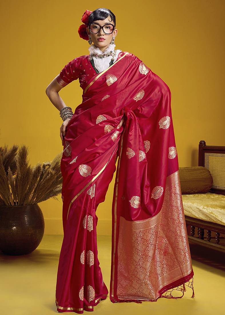 satin silk blend handloom weaving saree in red