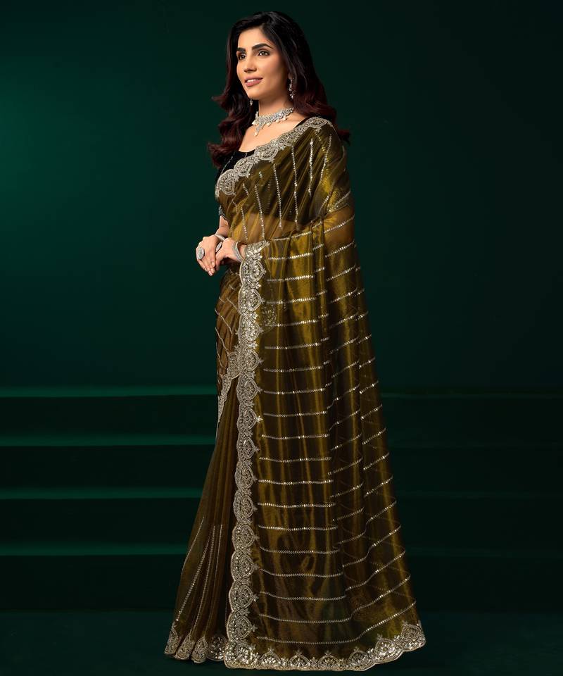 Olive  soft net sequence emboidery designer party wear festive saree with unstitched blouse piece