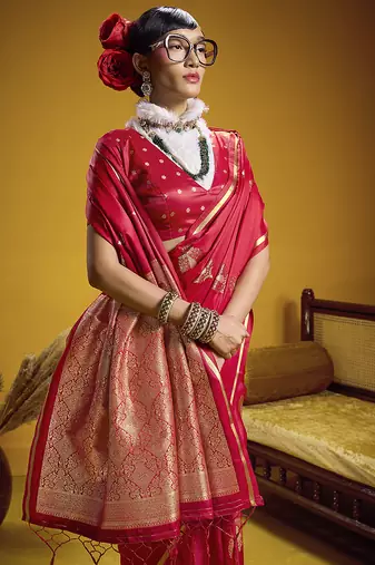 satin silk blend handloom weaving saree in red