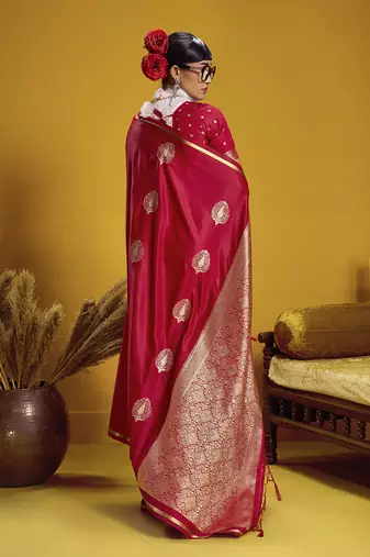 satin silk blend handloom weaving saree in red