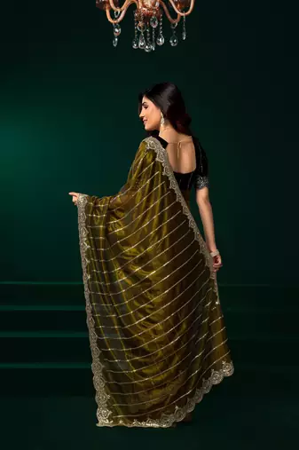 Olive net sequence emboidery festive saree with unstitched blouse piece