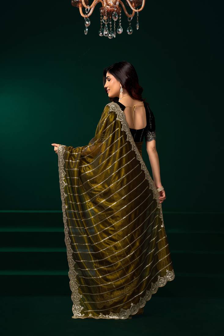 Olive  soft net sequence emboidery designer party wear festive saree with unstitched blouse piece