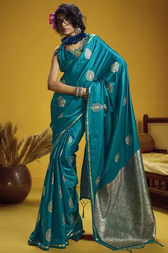 satin silk blend handloom weaving saree in aqua blue