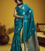 satin silk blend handloom weaving saree in aqua blue