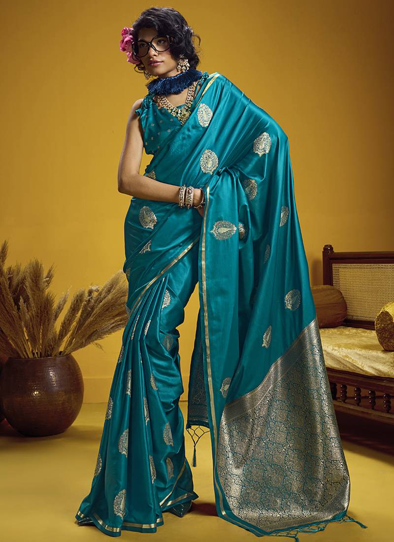 satin silk blend handloom weaving saree in aqua blue