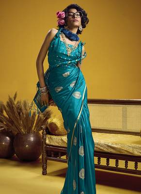 satin silk blend handloom weaving saree in aqua blue 2