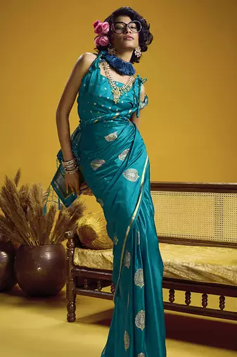satin silk blend handloom weaving saree in aqua blue