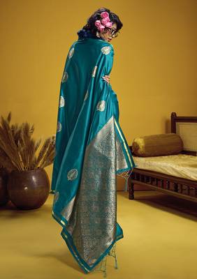 satin silk blend handloom weaving saree in aqua blue 3