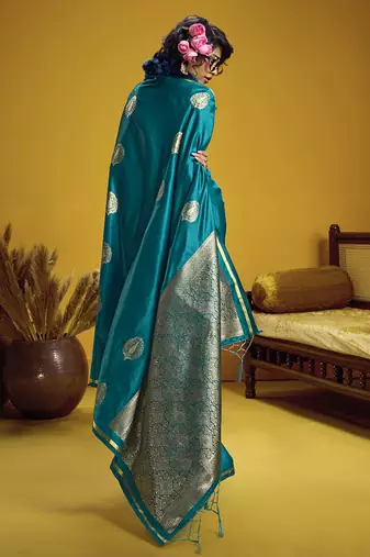 satin silk blend handloom weaving saree in aqua blue