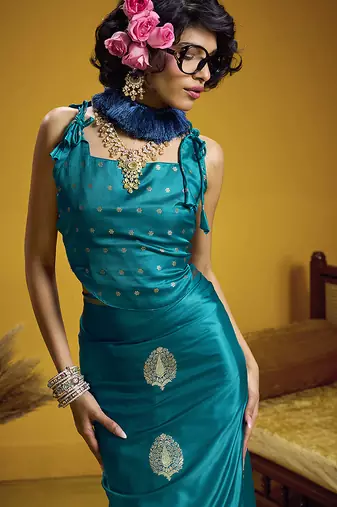 satin silk blend handloom weaving saree in aqua blue