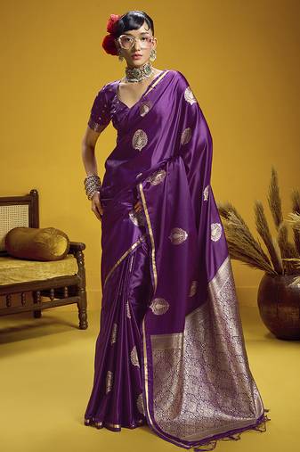 satin silk blend handloom weaving saree in purple