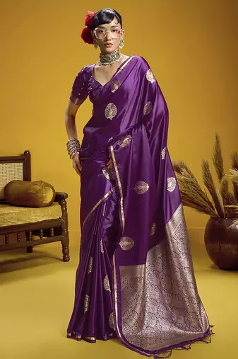 satin silk blend handloom weaving saree in purple