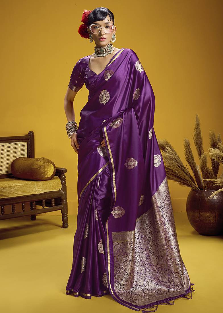 satin silk blend handloom weaving saree in purple