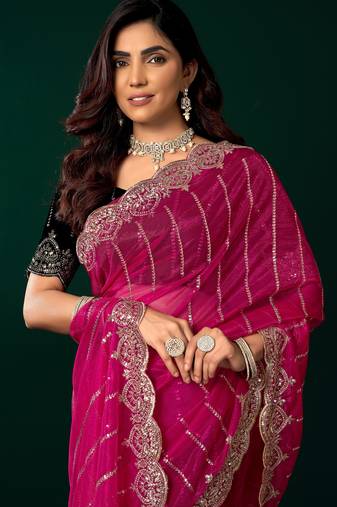 Rani pink  soft net sequence emboidery designer party wear festive saree with unstitched blouse piece