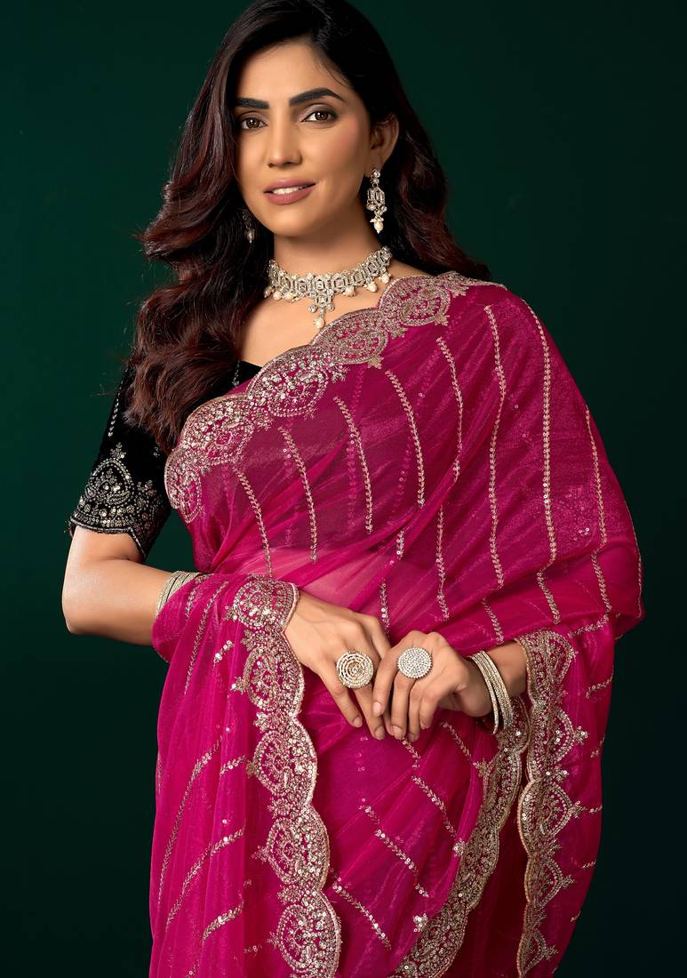 Rani pink  soft net sequence emboidery designer party wear festive saree with unstitched blouse piece