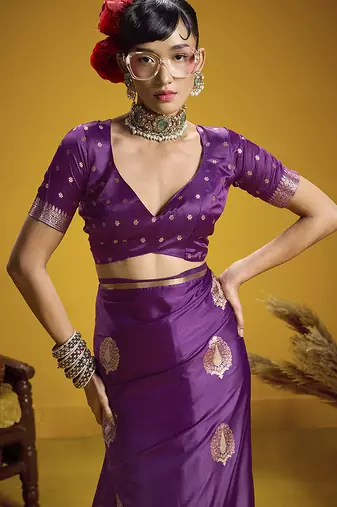 satin silk blend handloom weaving saree in purple