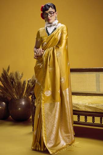 satin silk blend handloom weaving saree in mustard yellow