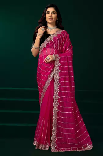 Rani pink net sequence emboidery festive saree with unstitched blouse piece