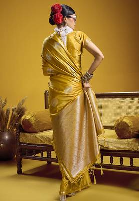satin silk blend handloom weaving saree in mustard yellow 2