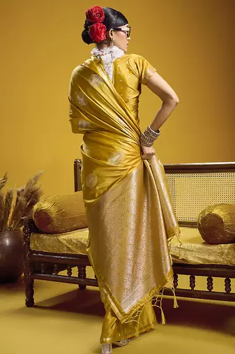 satin silk blend handloom weaving saree in mustard yellow