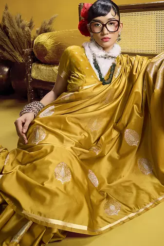satin silk blend handloom weaving saree in mustard yellow