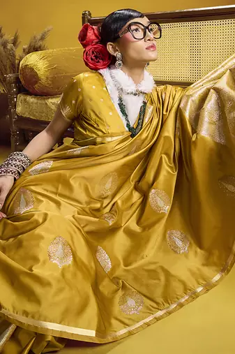 satin silk blend handloom weaving saree in mustard yellow