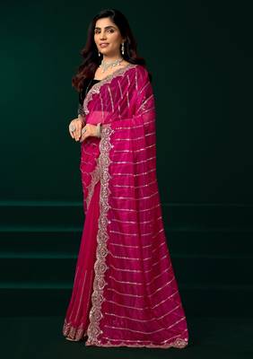Rani pink net sequence emboidery festive saree with unstitched blouse piece 3