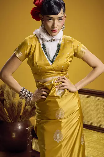 satin silk blend handloom weaving saree in mustard yellow