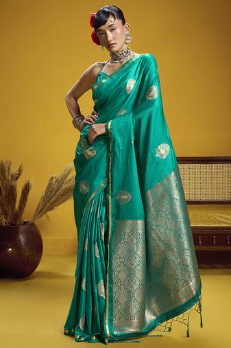 satin silk blend handloom weaving saree in sea green