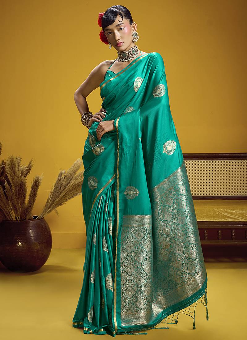 satin silk blend handloom weaving saree in sea green