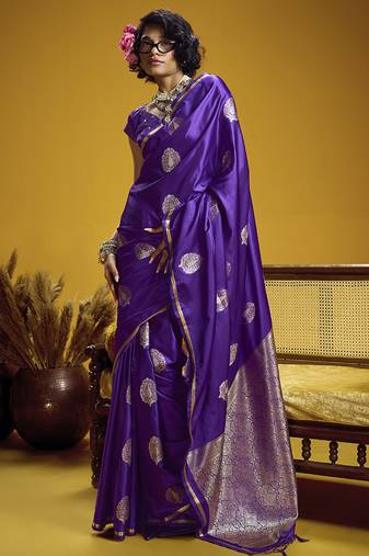 satin silk blend handloom weaving saree in violet