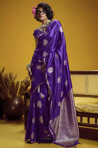 satin silk blend handloom weaving saree in violet