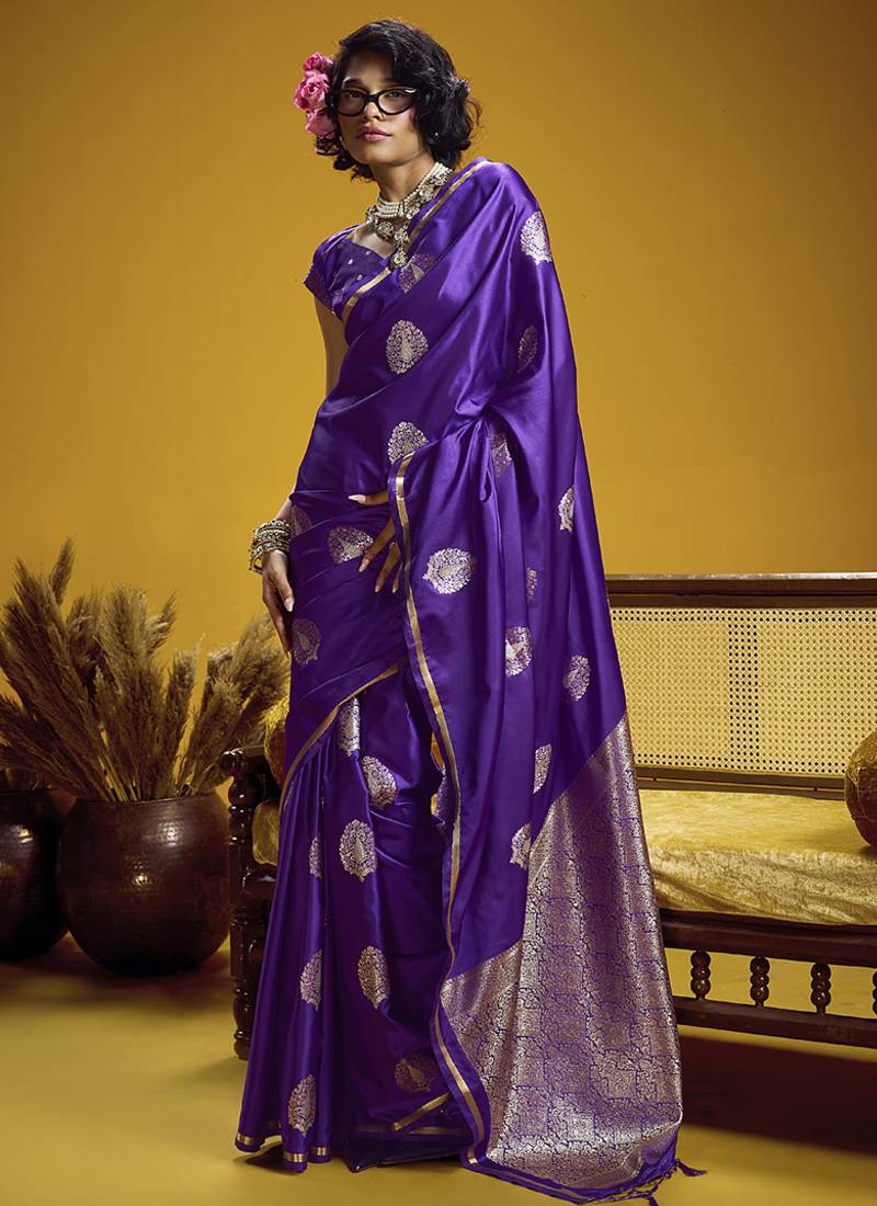 satin silk blend handloom weaving saree in violet