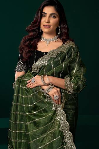 Green  soft net sequence emboidery designer party wear festive saree with unstitched blouse piece