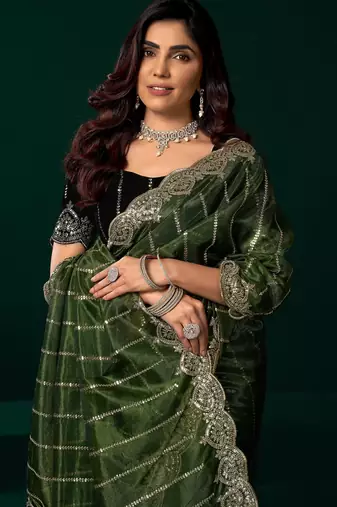 Green  soft net sequence emboidery designer party wear festive saree with unstitched blouse piece