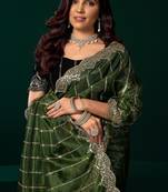 Green  soft net sequence emboidery designer party wear festive saree with unstitched blouse piece