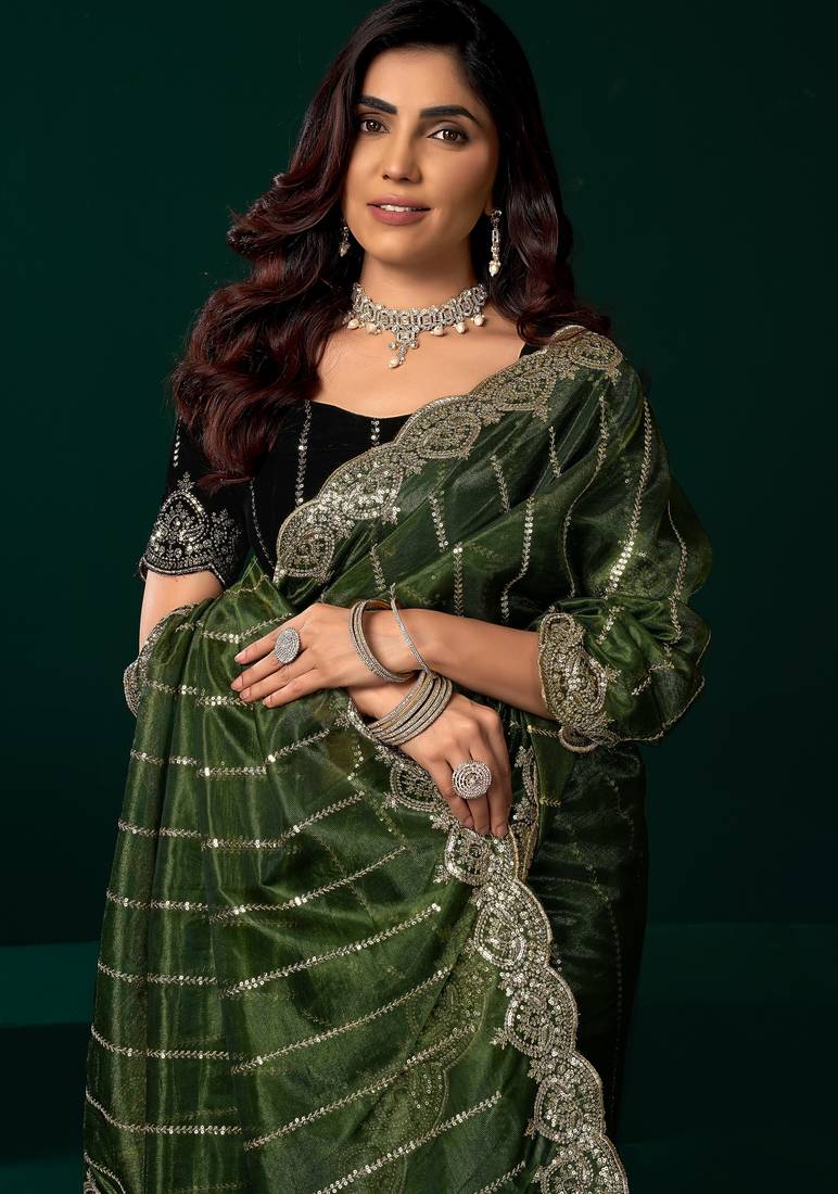 Green  soft net sequence emboidery designer party wear festive saree with unstitched blouse piece