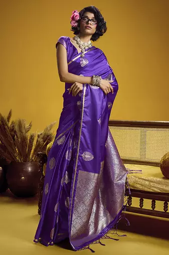 satin silk blend handloom weaving saree in violet