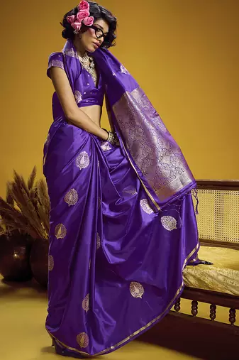 satin silk blend handloom weaving saree in violet