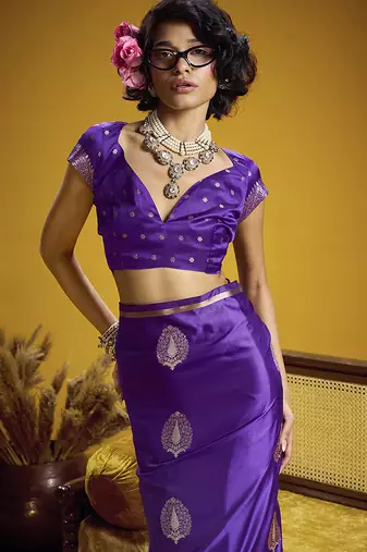 satin silk blend handloom weaving saree in violet