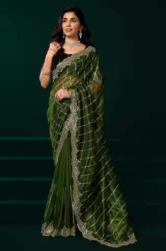 Green net sequence emboidery festive saree with unstitched blouse piece