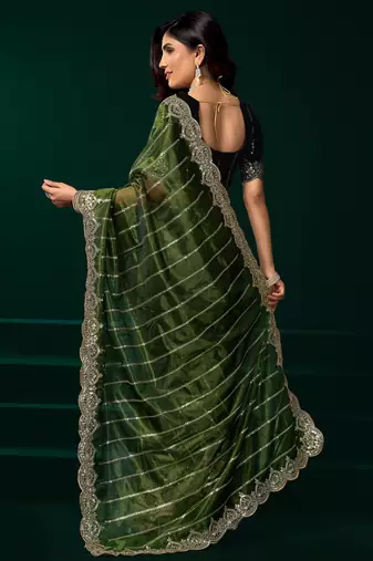Green net sequence emboidery festive saree with unstitched blouse piece