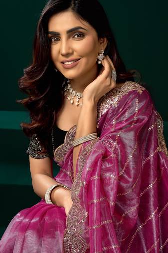Pink  soft net sequence emboidery designer party wear festive saree with unstitched blouse piece